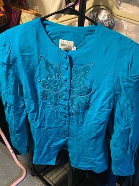 Leslie Fay Teal Embroidered Button-Front Jacket